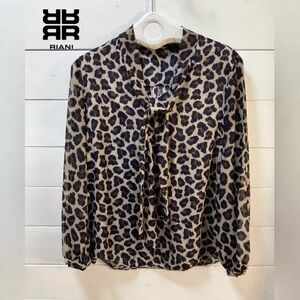 RIANI – Brown, Beige & Navy Leopard Print Sheer Blouse (Size 10 / 42)